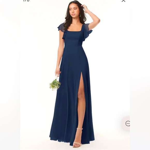 Azazie Bondi Dark Navy A-line Ruffled Chiffon Dress Size A4 US 4 - Picture 1 of 7